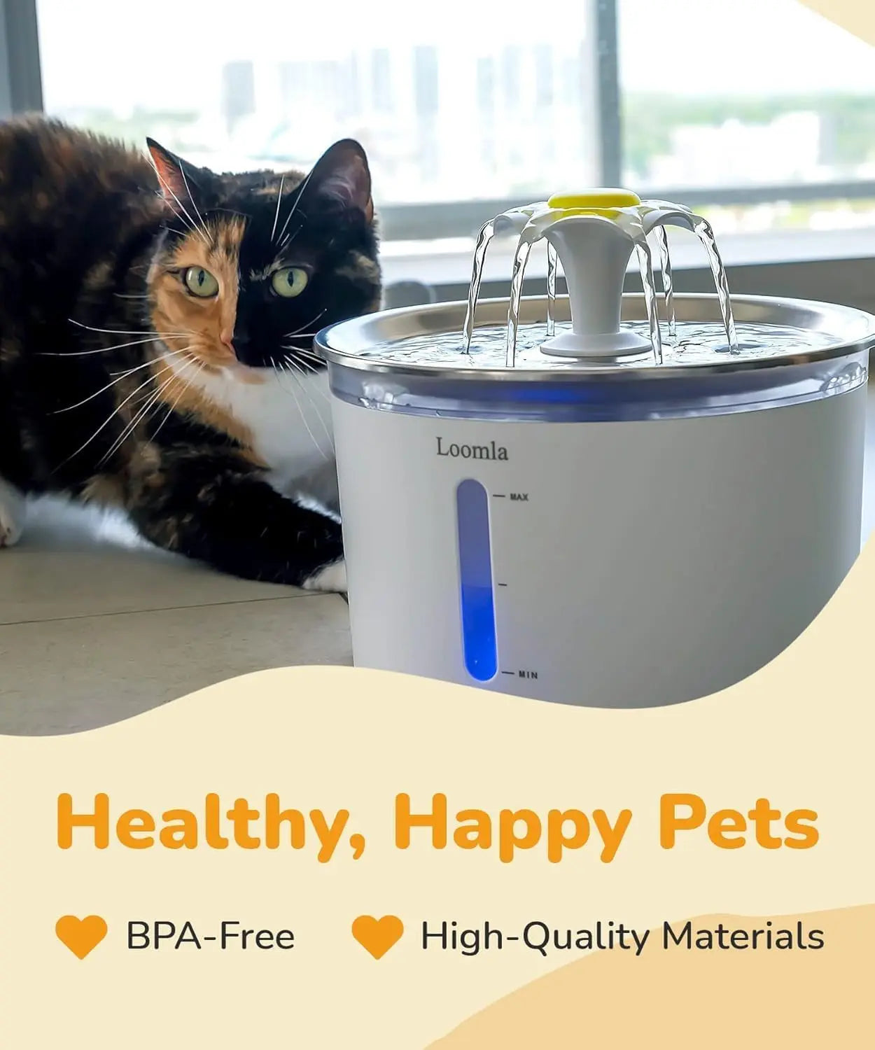 Cat Water Fountain, 85Oz/2.5L Pet Water Fountain Indoor, Automatic Dog Water Dispenser with Switchable LED Lights, 2 Replacement Filters for Cats, Dogs, PetsοΌStainless SteelοΌ