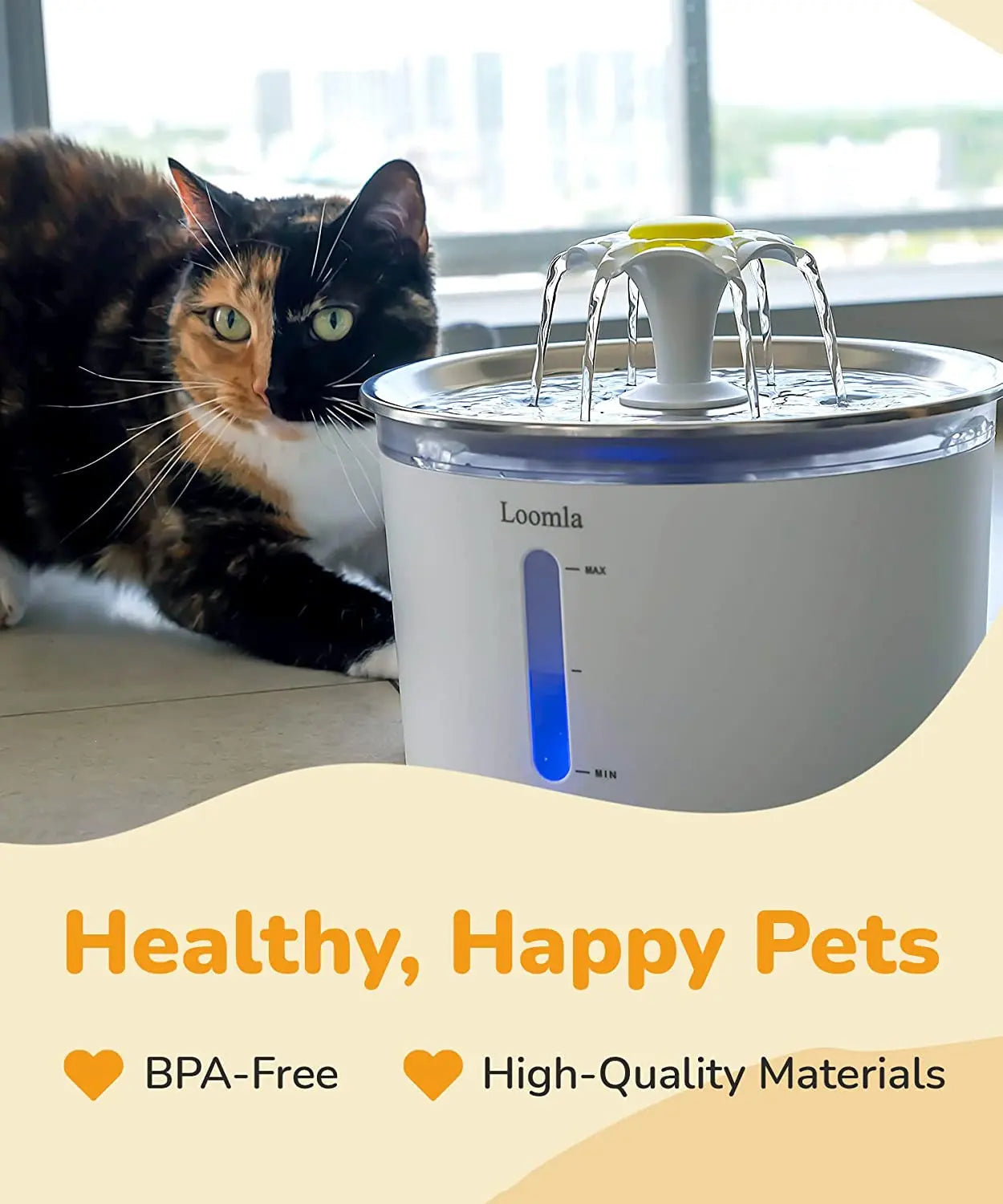 Cat Water Fountain, 85Oz/2.5L Pet Water Fountain Indoor, Automatic Dog Water Dispenser with Switchable LED Lights, 2 Replacement Filters for Cats, Dogs, PetsοΌStainless SteelοΌ
