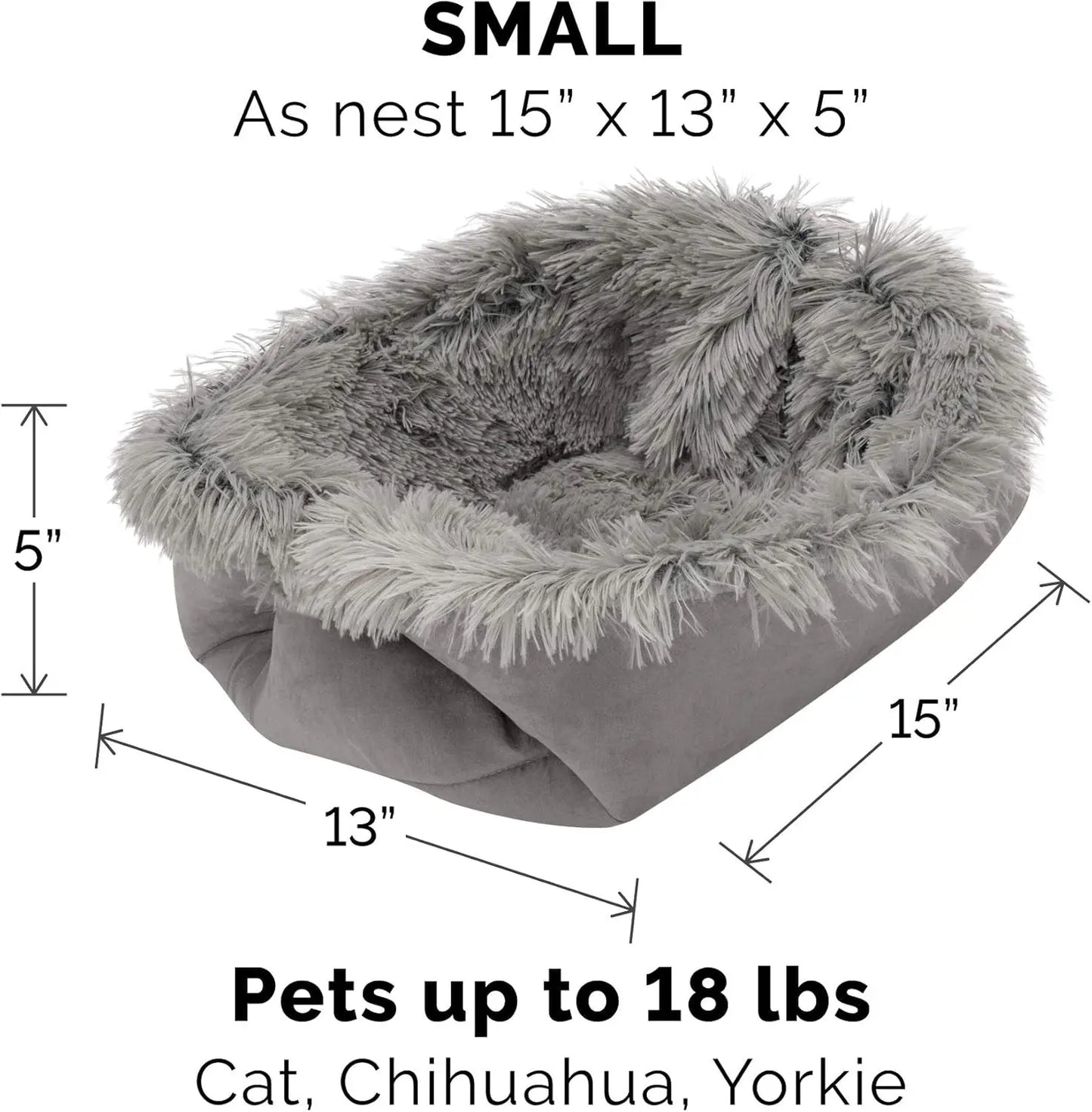 Self-Warming Cat Bed for Indoor Cats, 4-Beds-In-1 & Washable - Plush Long Faux Fur Convertible Cuddler - Gray, Small