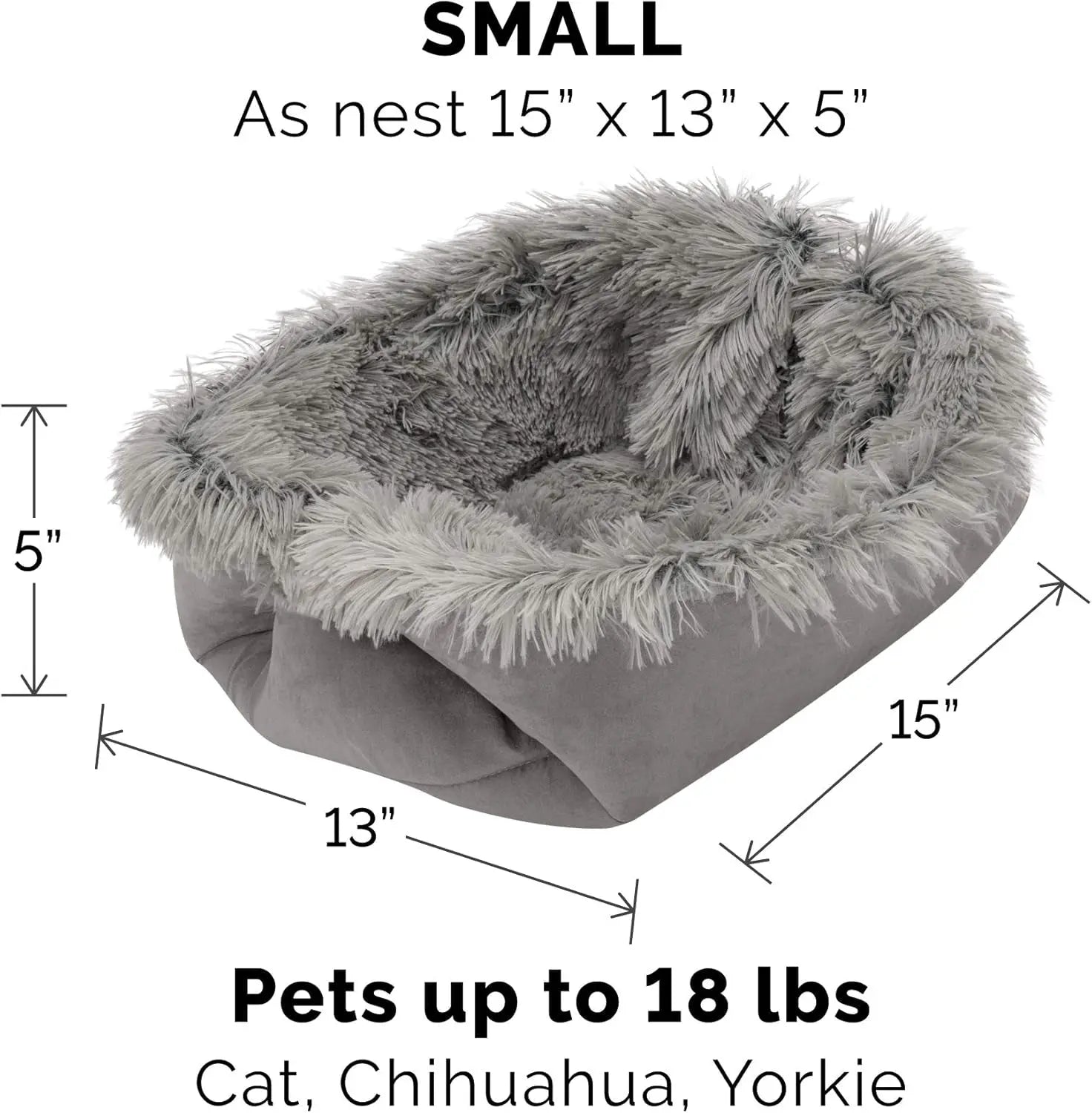 Self-Warming Cat Bed for Indoor Cats, 4-Beds-In-1 & Washable - Plush Long Faux Fur Convertible Cuddler - Gray, Small