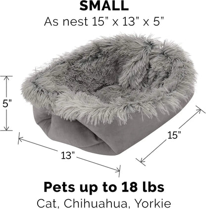 Self-Warming Cat Bed for Indoor Cats, 4-Beds-In-1 & Washable - Plush Long Faux Fur Convertible Cuddler - Gray, Small