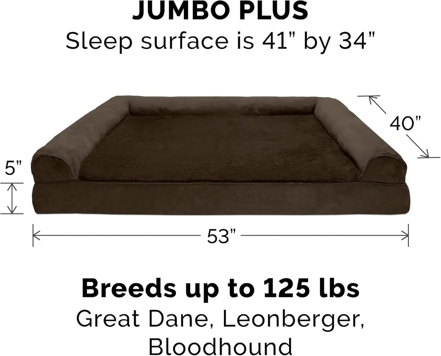 Memory Foam Dog Bed for Large Dogs W/ Removable Bolsters & Washable Cover, for Dogs up to 125 Lbs - Plush & Suede Sofa - Espresso, Jumbo Plus/Xxl