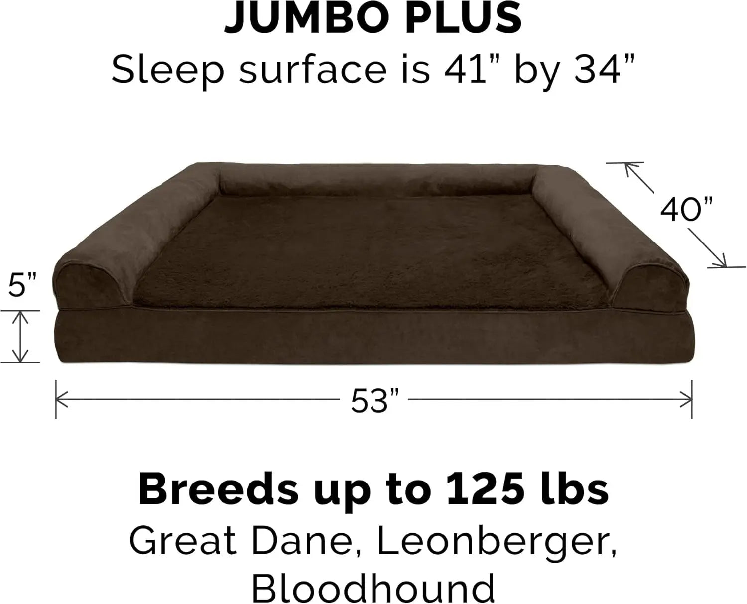 Memory Foam Dog Bed for Large Dogs W/ Removable Bolsters & Washable Cover, for Dogs up to 125 Lbs - Plush & Suede Sofa - Espresso, Jumbo Plus/Xxl